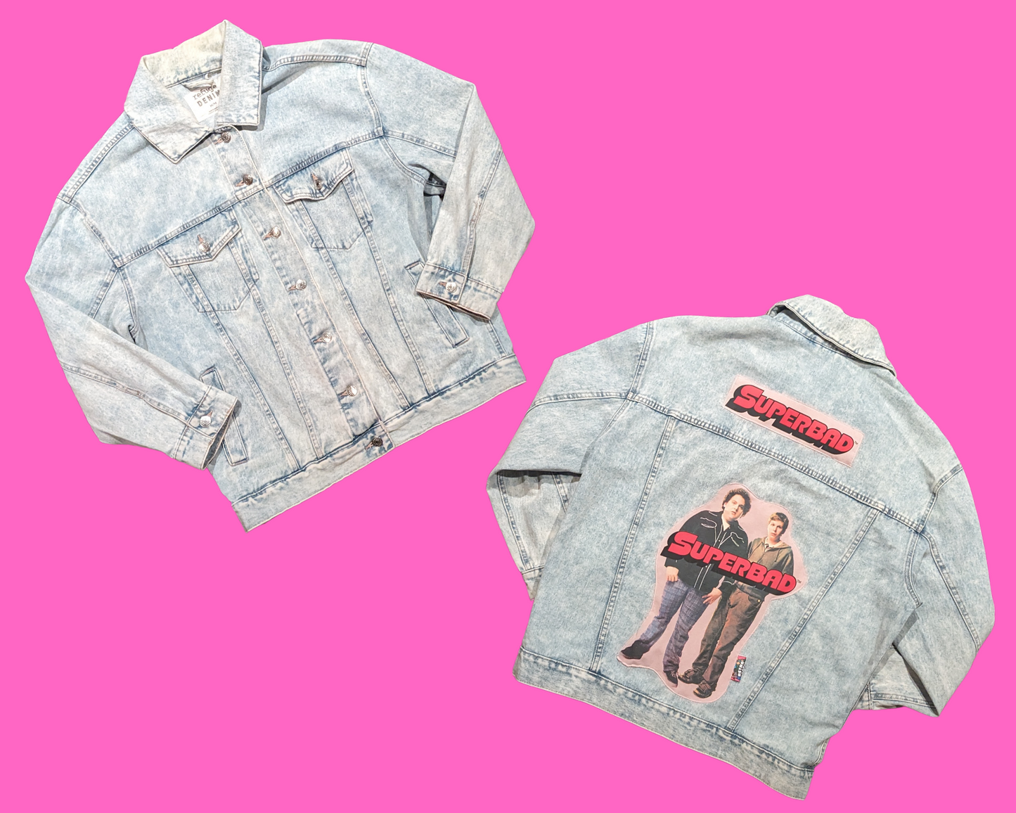 Handmade, Upcycled Superbad Denim Jacket Size M + Gifted DVD Notebook