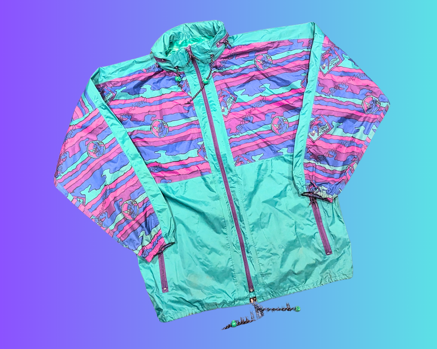 Vintage 1990's Green, Pink, Blue and Purple Windbreaker Jacket by Misty Mountain Size L