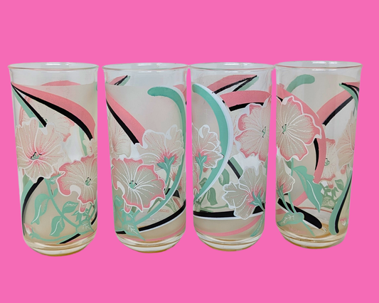 Lot de 4 verres à vin en acrylique vintage des années 1970, motif floral, par Serve Mates