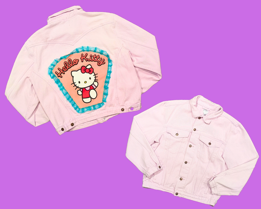 Handmade, Upcycled Denim Light Purple Jacket with a Hello Kitty Sweater Size S-M for Women