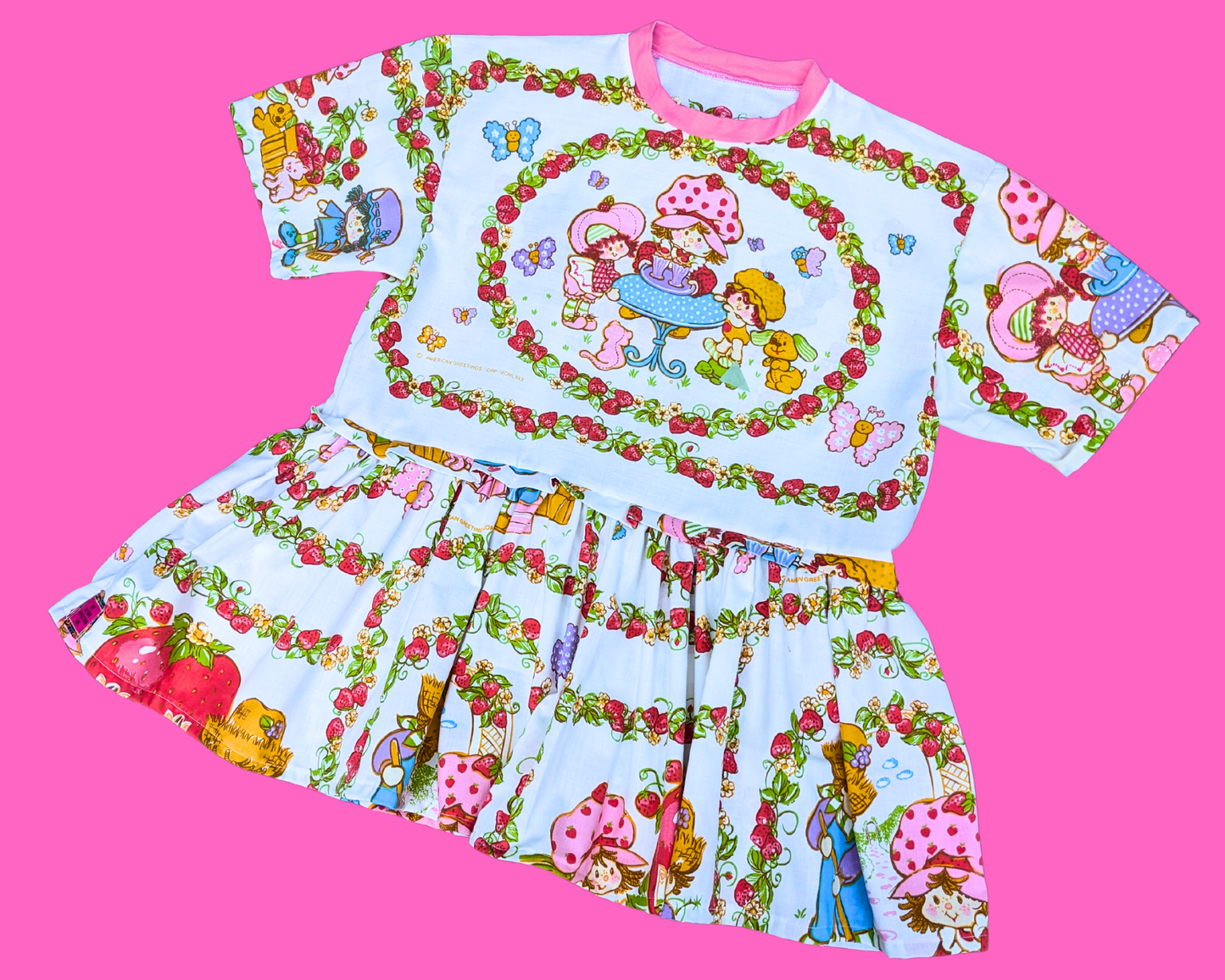 Handmade, Upcycled Vintage 1980's Strawberry Shortcake Mini Dress Bedsheet T-Shirt Dress Fits S-M-L-XL