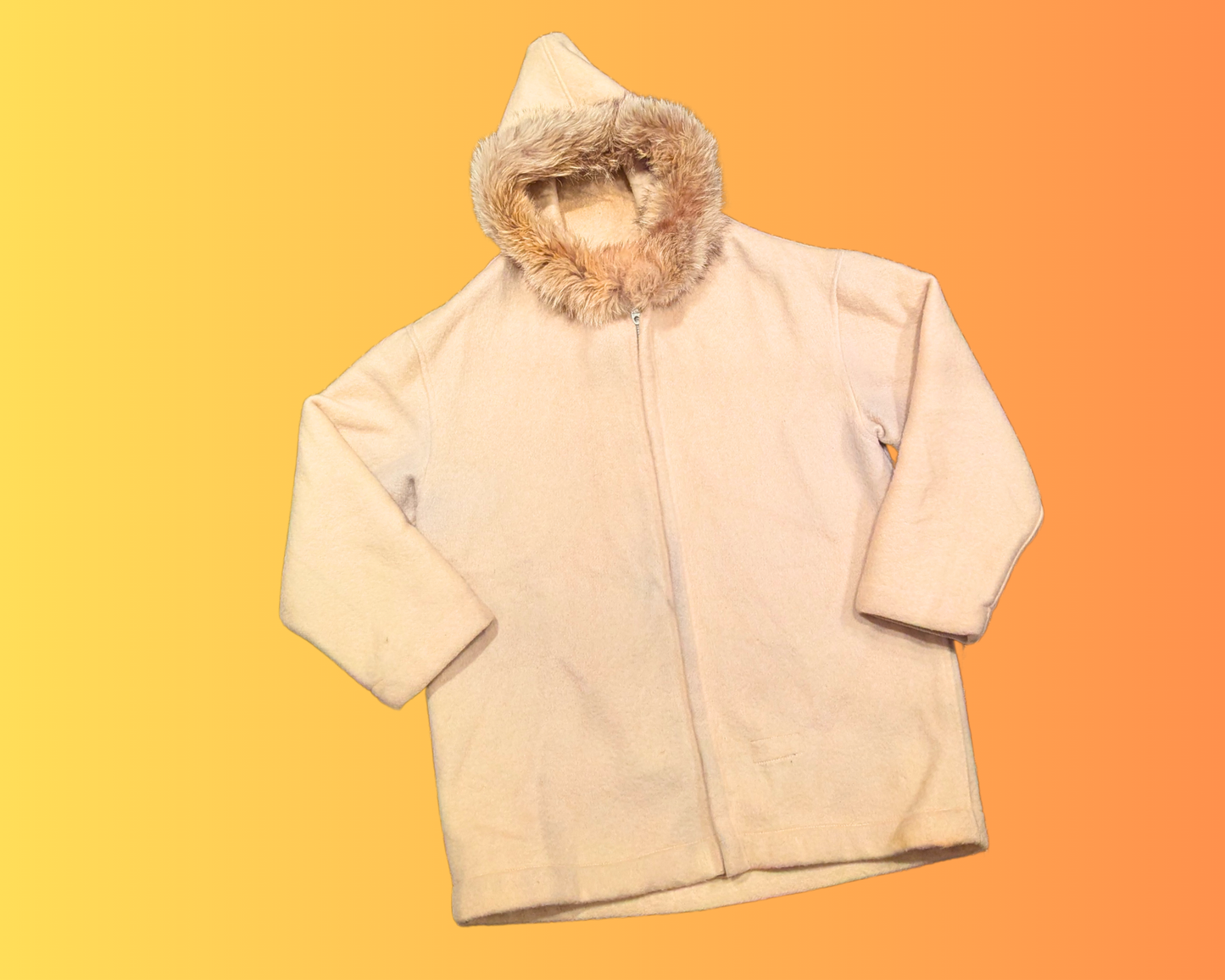 Vintage 1970's Beige Genuine Wool Winter Jacket with Fur Hoodie by Hudson's Bay Company Size M