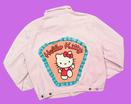 Handmade, Upcycled Denim Light Purple Jacket with a Hello Kitty Sweater Size S-M for Women