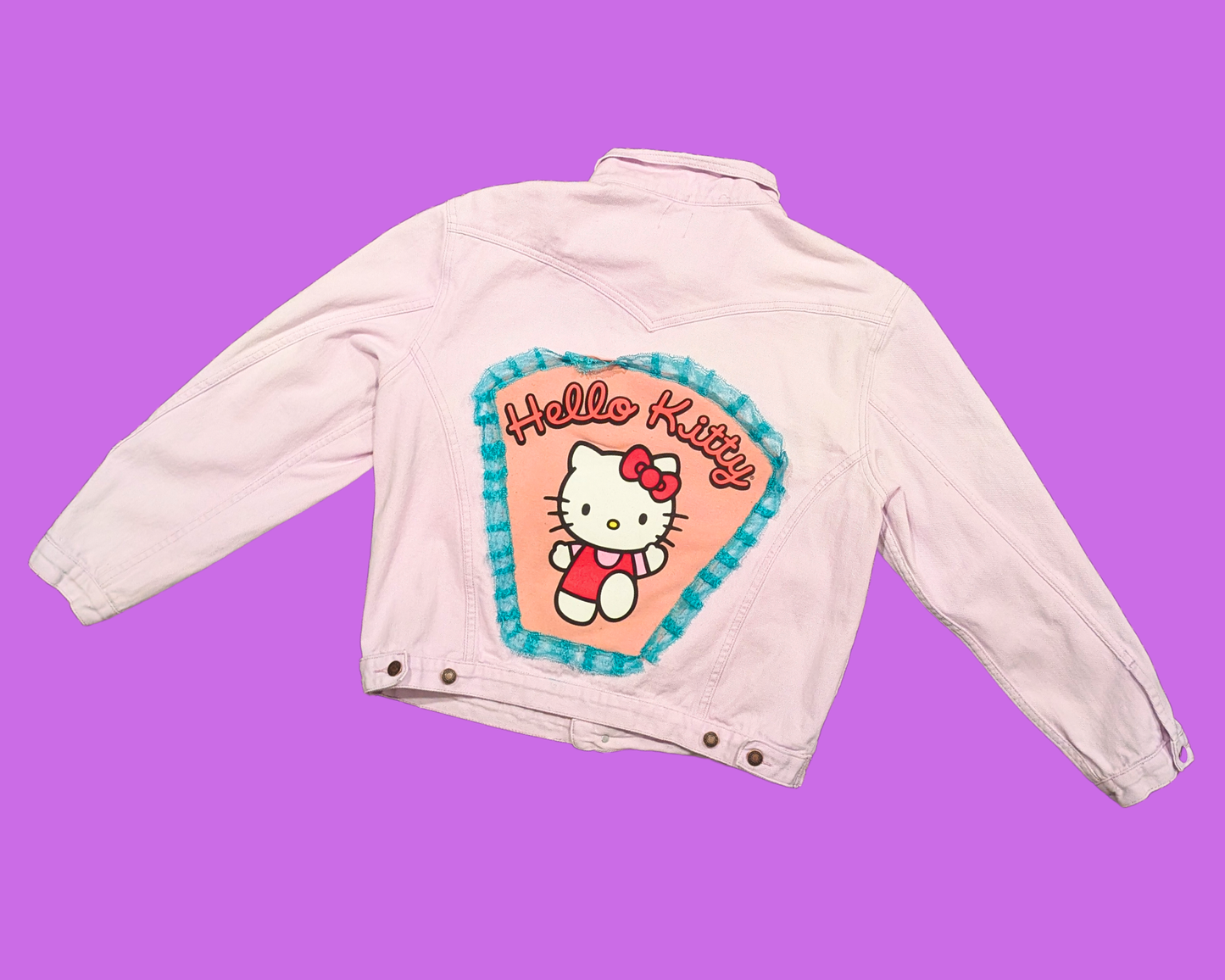 Handmade, Upcycled Denim Light Purple Jacket with a Hello Kitty Sweater Size S-M for Women
