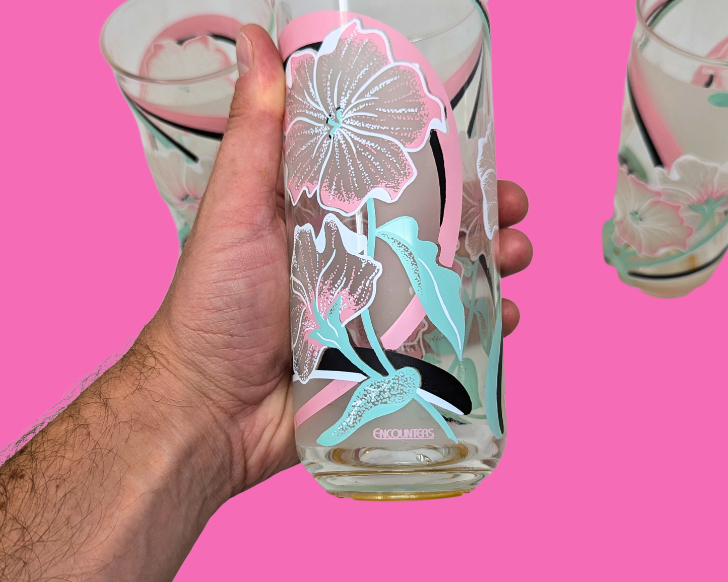 Lot de 4 verres à vin en acrylique vintage des années 1970, motif floral, par Serve Mates