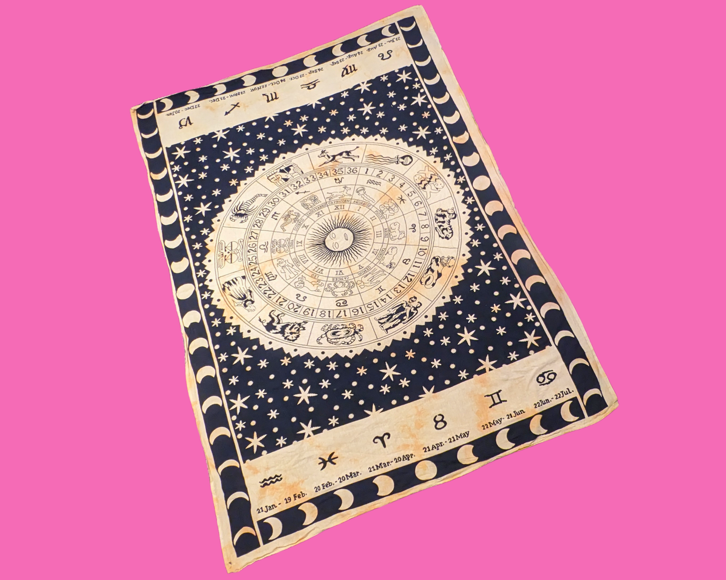 Vintage 1990's Yellow Celestial, Astrology Decorative Fabric