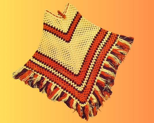 Poncho vintage des années 1970 crocheté à la main, jaune, orange et marron, taille unique