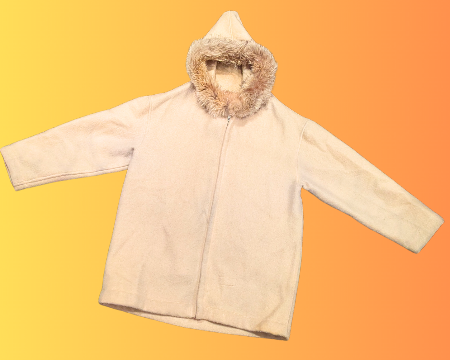 Vintage 1970's Beige Genuine Wool Winter Jacket with Fur Hoodie by Hudson's Bay Company Size M
