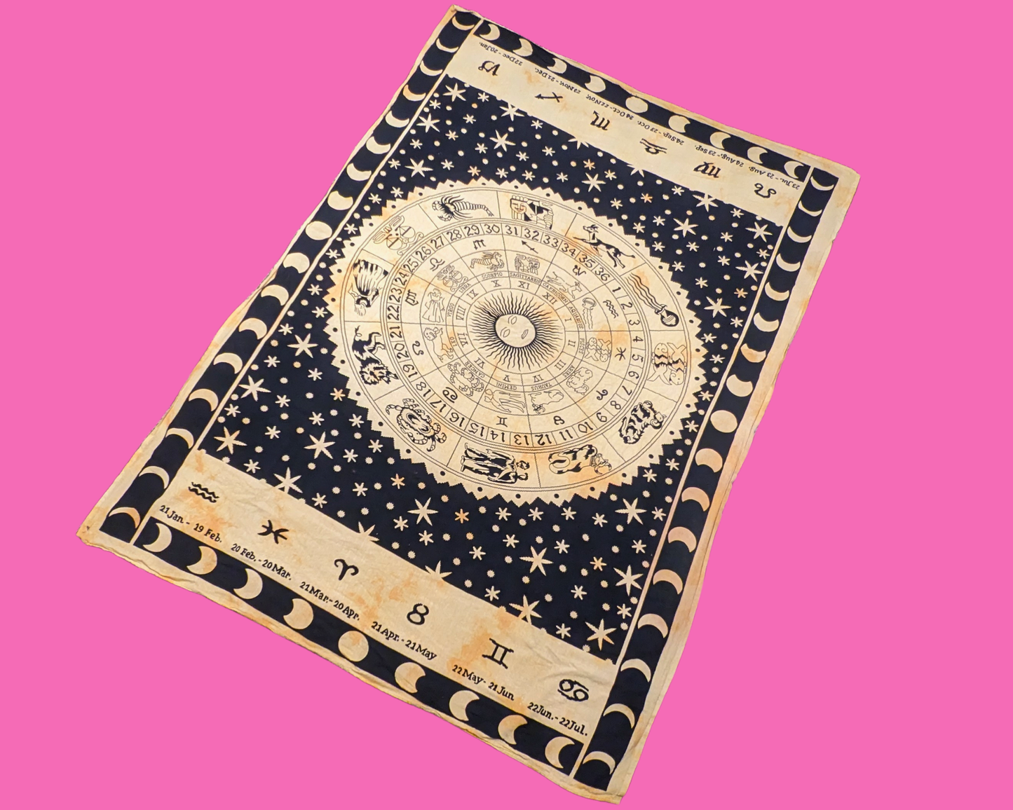 Vintage 1990's Yellow Celestial, Astrology Decorative Fabric