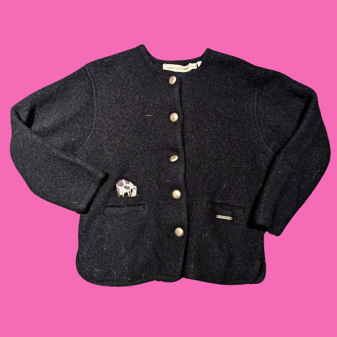 Vintage 1980's Black Wool with Cow Embroidery Pieces Cardigan by Gaddy Collection Size XL (fits smaller)