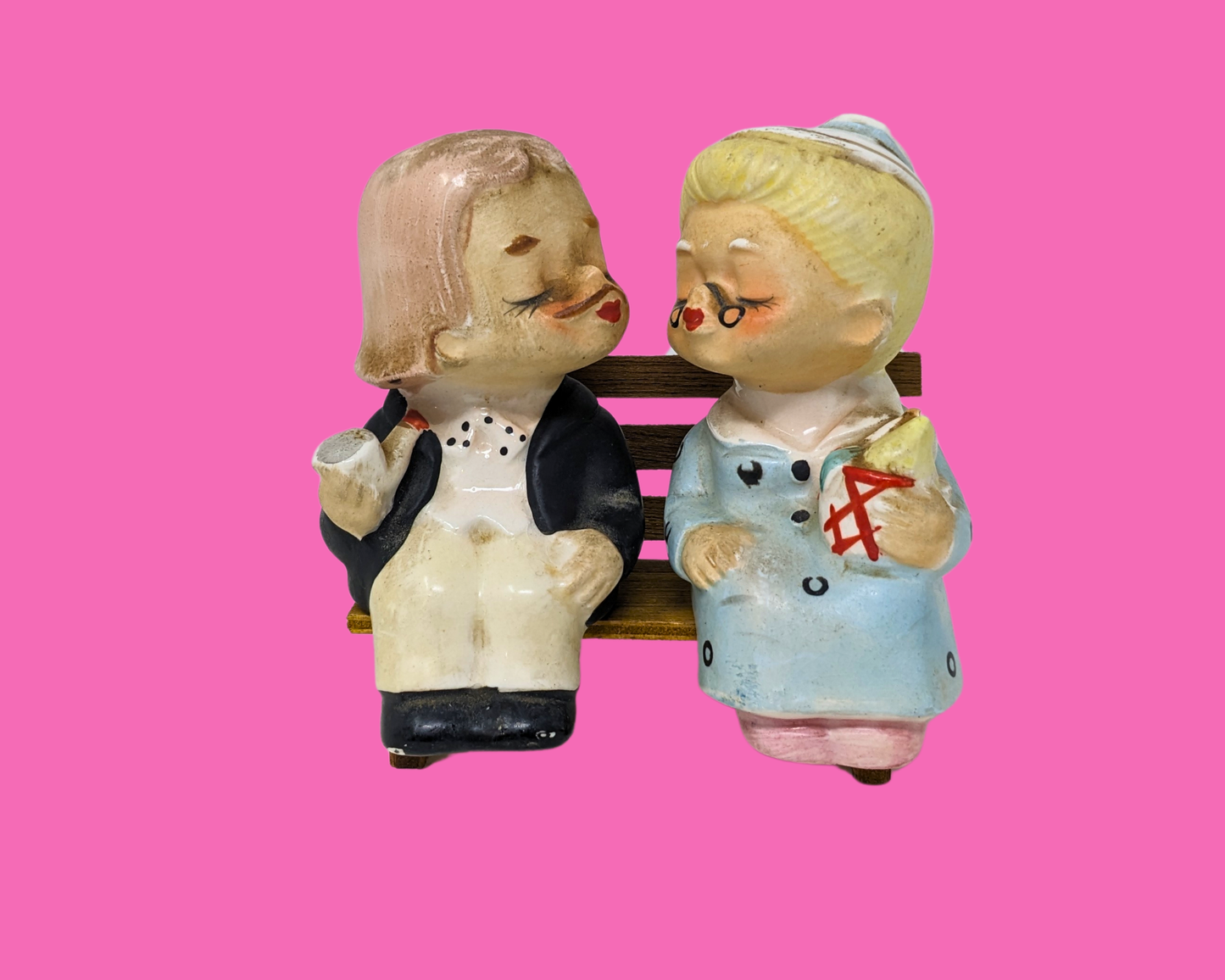 Vintage 1960's Japan Set of Salt and Pepper Shakers, Kissing Couple on a Bench
