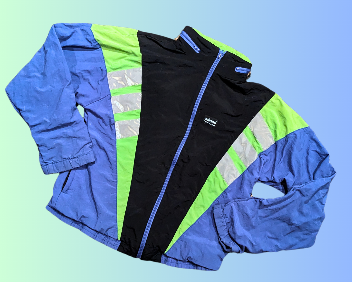 Vintage 1990's Adidas Torsion Blue and Green Light Sports Jacket Size S