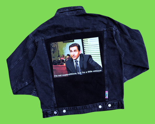 Veste en jean Michael Scott, fabriquée à la main et recyclée, taille XS (convient plutôt à une taille ML)