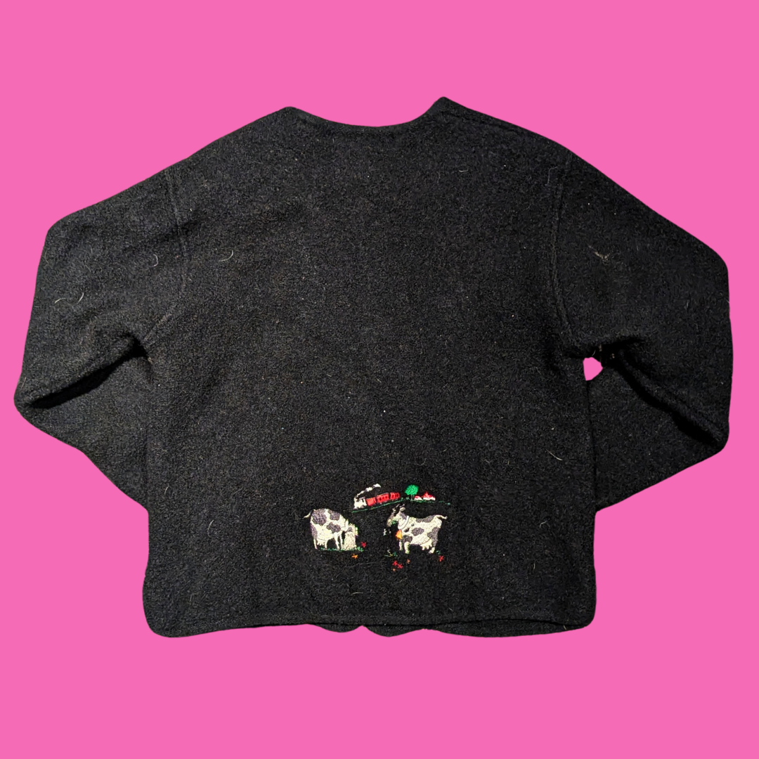 Vintage 1980's Black Wool with Cow Embroidery Pieces Cardigan by Gaddy Collection Size XL (fits smaller)