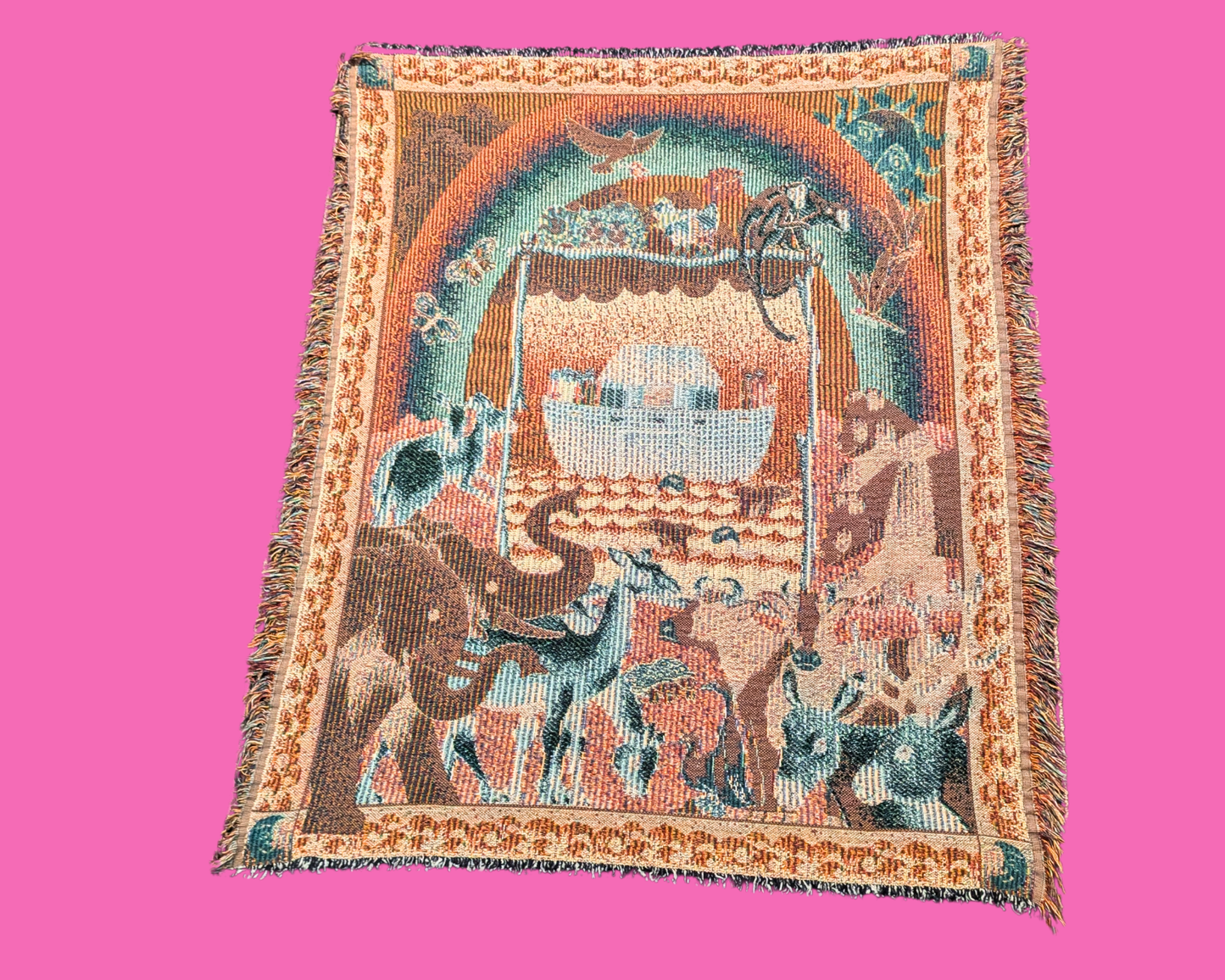Vintage 1990's Tapestry Blanket Noah's Ark Woven Knit Throw