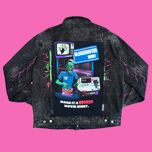 Horror Movie Night, Blockbuster Upcycled T-Shirt Denim Jacket Size L for Men