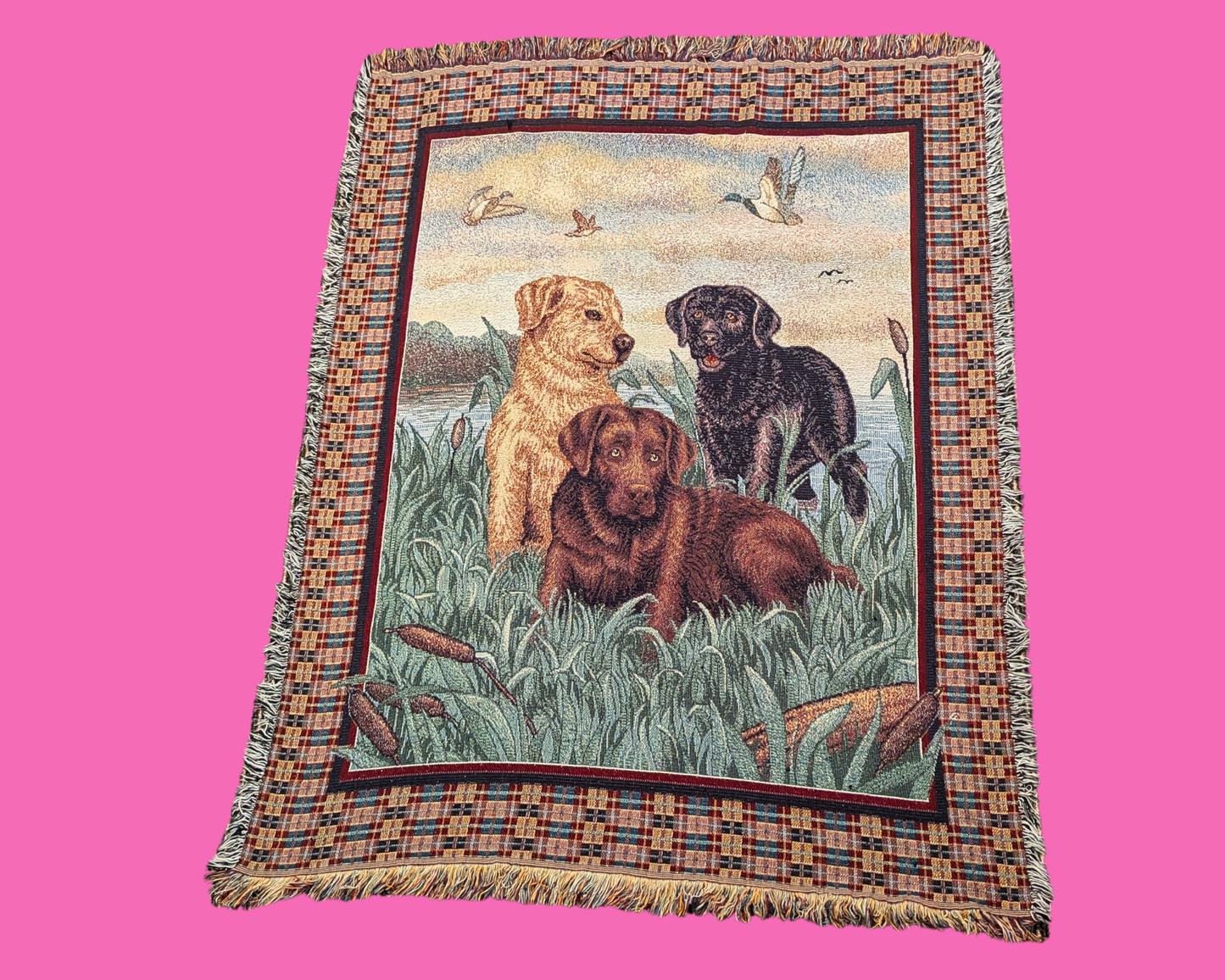 Vintage 1990's Dogs Throw Blanket Wall Hanging Tapestry