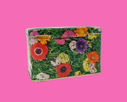 Petite boîte en fer blanc florale vintage des années 1960, fabriquée en Irlande