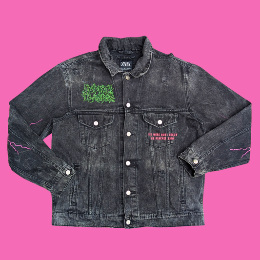 Horror Movie Night, Blockbuster Upcycled T-Shirt Denim Jacket Size L for Men