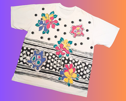 T-shirt blanc rétro à fleurs vintage des années 1990, taille L