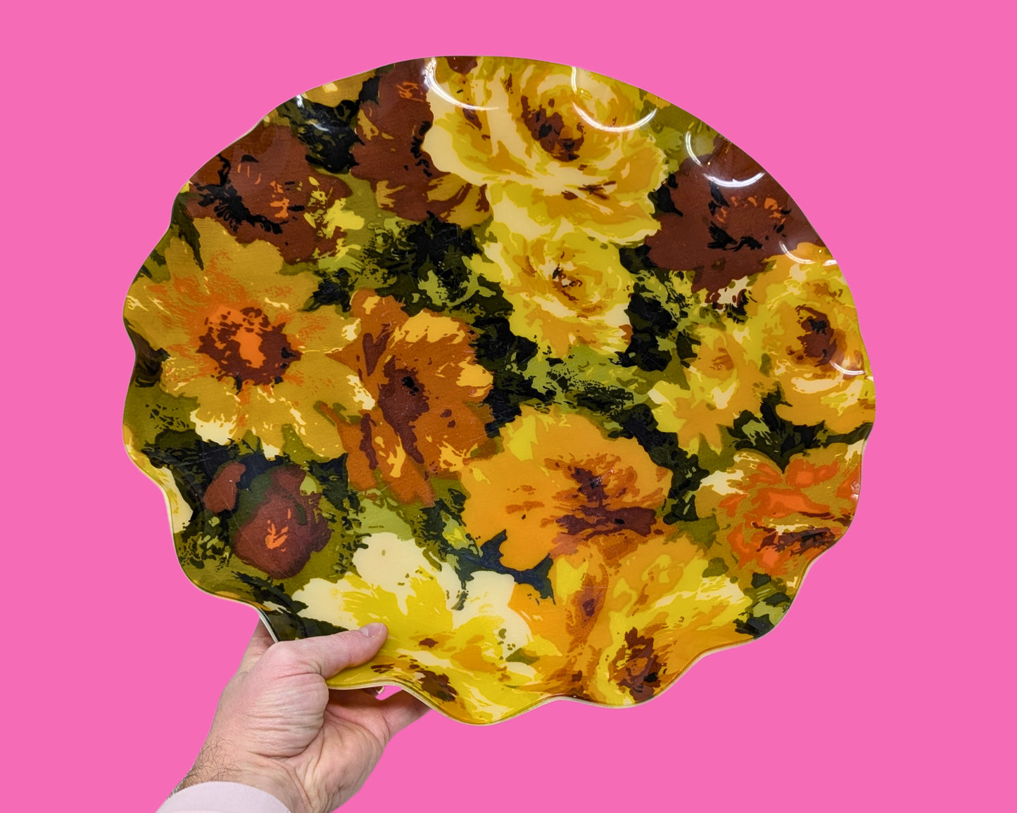 Vintage 1960's Hand Crafted, Floral Fabric, Big Decorative Tray (See Label for Details)