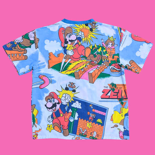 Handmade, Upcycled Nintendo Super Mario Bros + Zelda Bedsheet T-Shirt Oversized S-M, Fitted L-XL