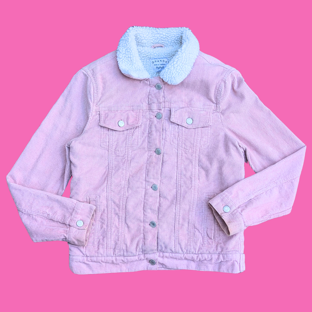 Lisa Simpson Upcycled T-Shirt Warm, Pink Corduroy Jacket Size M