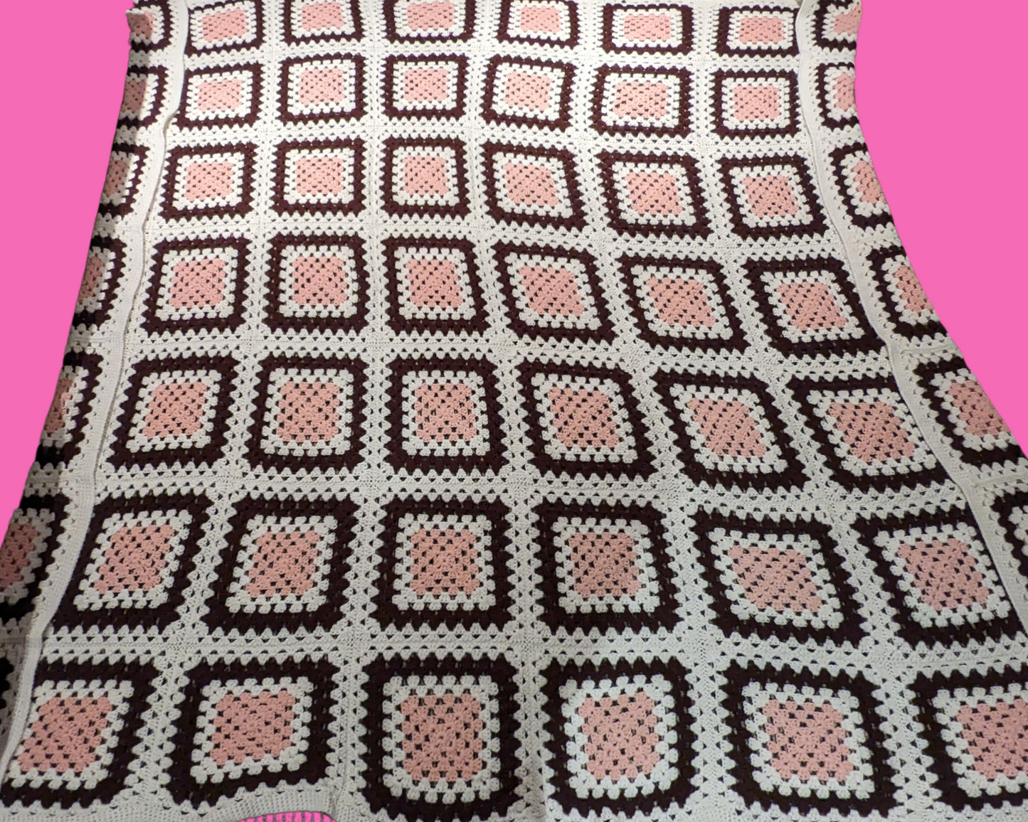 Vintage 1970's Beige, Brown and Pink, Wool Crochet Blanket