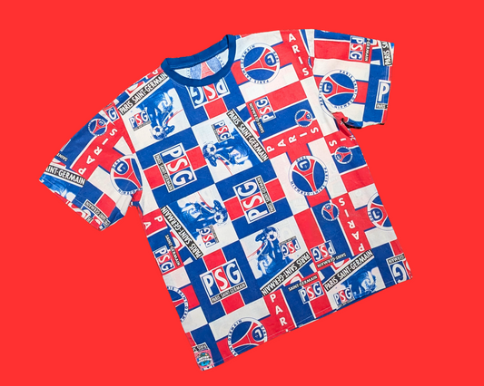 Handmade, Upcycled Vintage Paris Saint-Germain PSG Football Bedsheet T-Shirt Size M