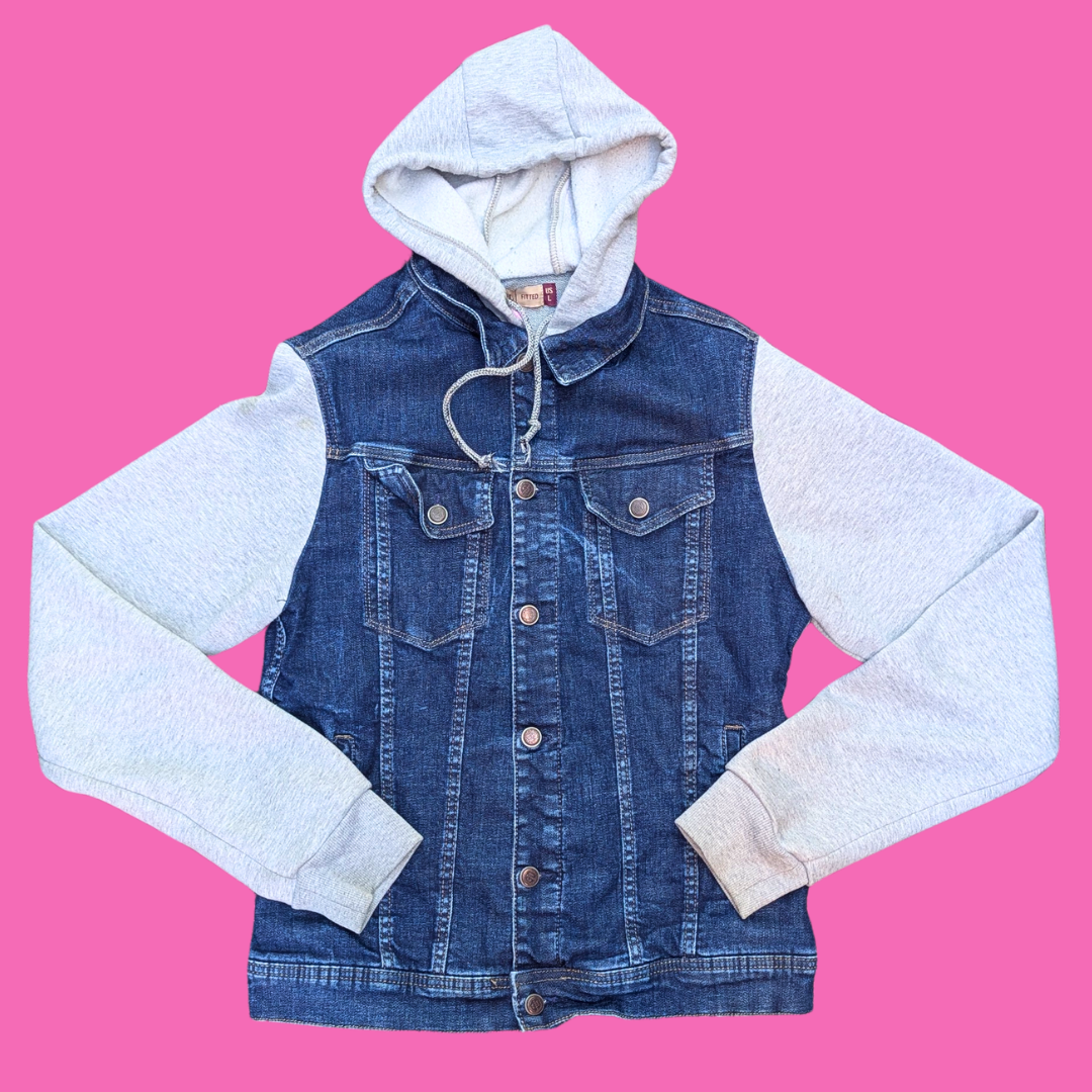 Tintin, Les Cigares du Pharaon Upcycled T-Shirt Denim Jacket with Hoodie Size L