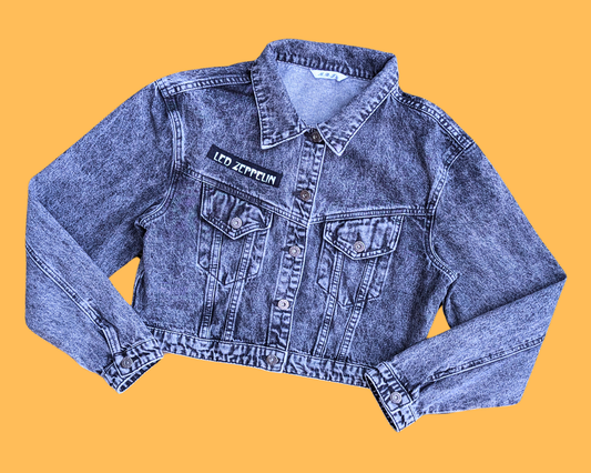 Veste en jean noir Led Zeppelin faite main et recyclée, taille S