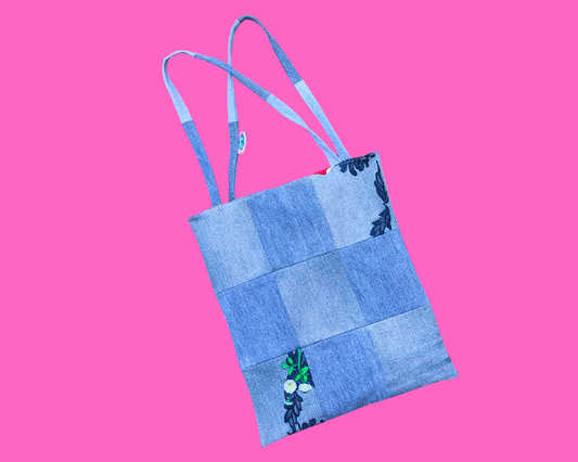 Handmade, Upcycled Embroidered Jeans Patchwork Tote Bag