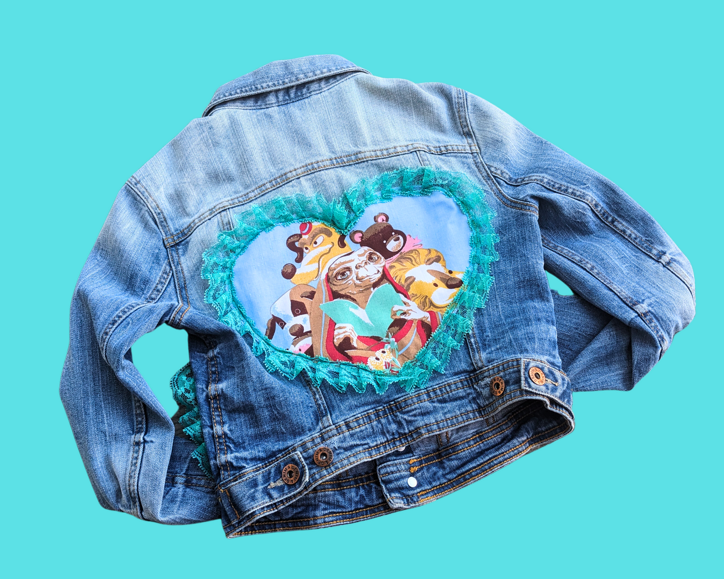 Handmade, Upcycled Denim Jacket Patched Up with Bedsheets Scraps of E.T Size S