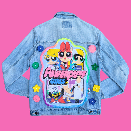The Powerpuff Girls Upcycled T-Shirt Denim Jacket Size M