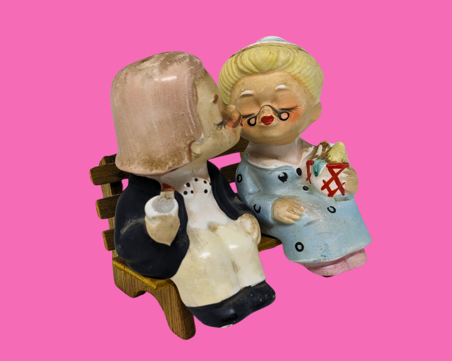 Vintage 1960's Japan Set of Salt and Pepper Shakers, Kissing Couple on a Bench