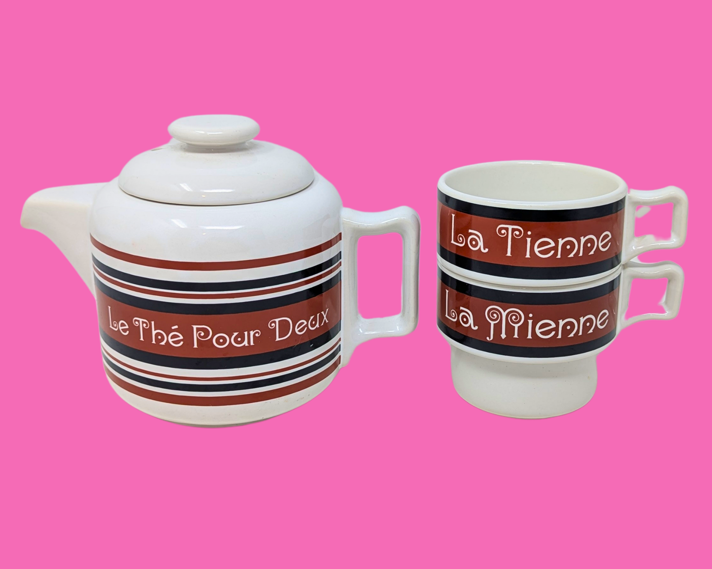 Vintage 1980's Gempo Giftware Tea For Two His Hers in French Striped Brown Retro Tea Pot & 2 Cups