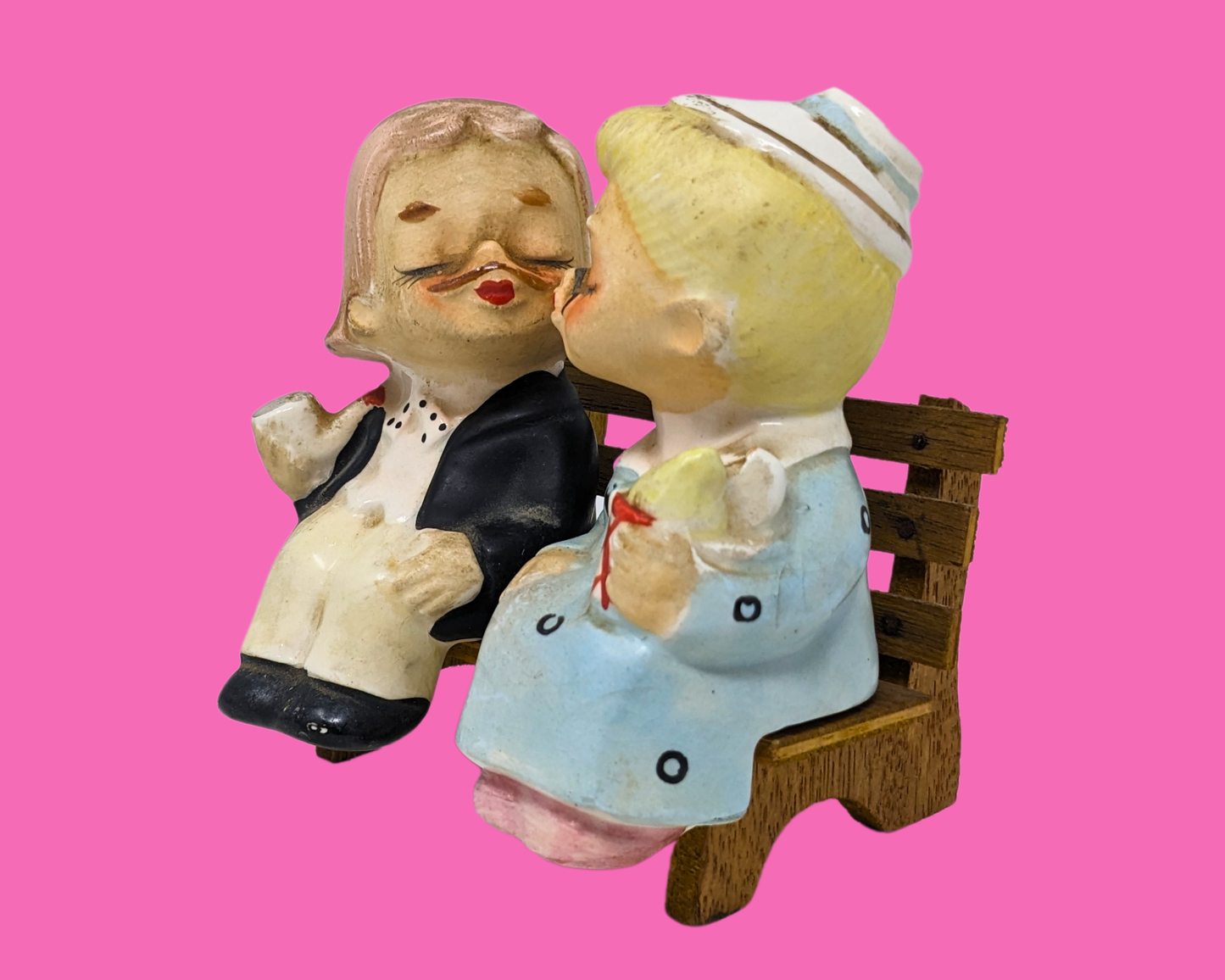 Vintage 1960's Japan Set of Salt and Pepper Shakers, Kissing Couple on a Bench