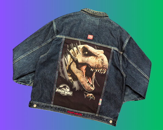 Handmade, Upcycled Jurassic World Denim Jacket Size L