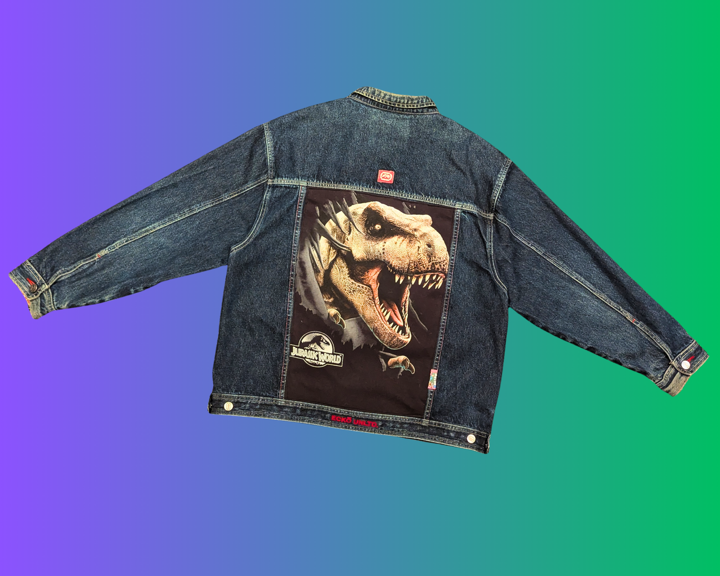 Handmade, Upcycled Jurassic World Denim Jacket Size L