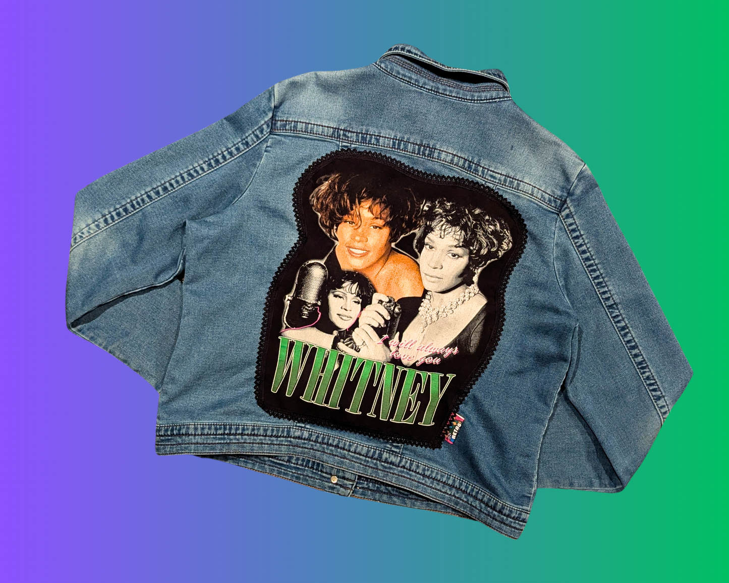 Handmade, Upcycled Whitney Houston Denim Jacket Size XL