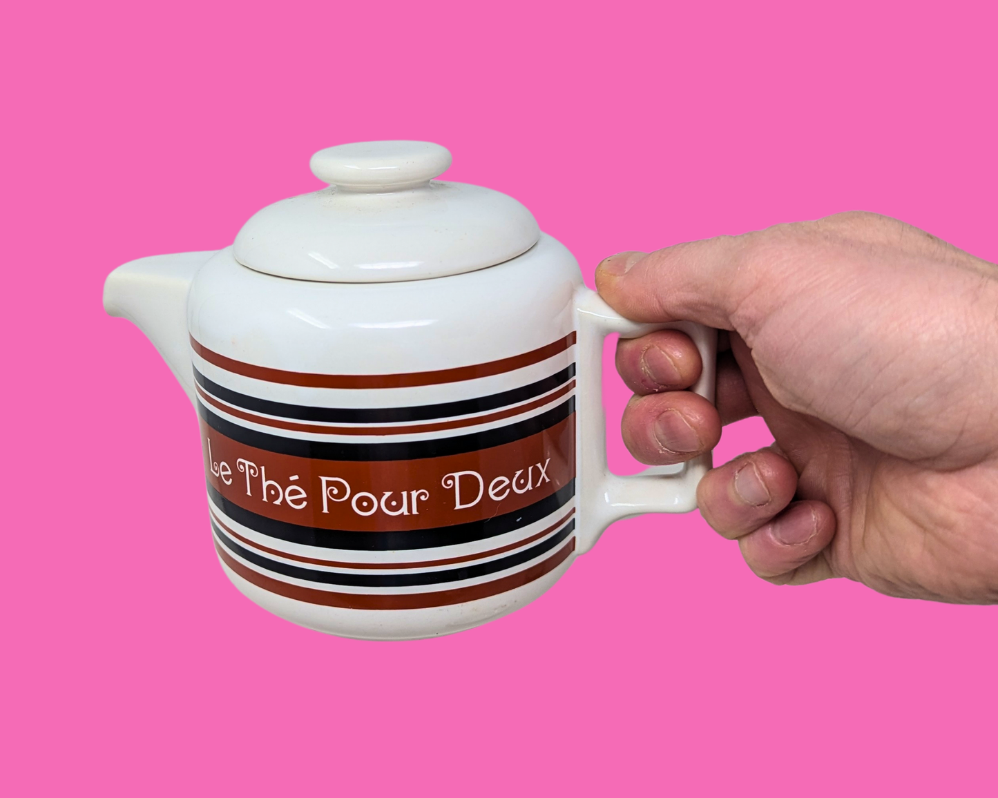 Vintage 1980's Gempo Giftware Tea For Two His Hers in French Striped Brown Retro Tea Pot & 2 Cups