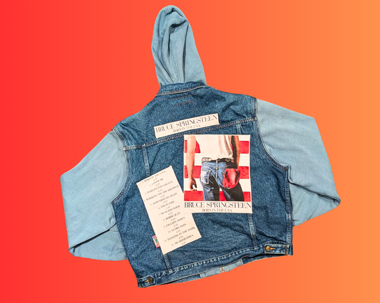 Handmade, Upcycled Bruce Springsteen, Born in the USA Denim Jacket with Hoodie Size XL