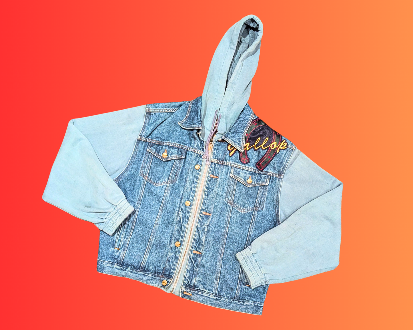 Handmade, Upcycled Bruce Springsteen, Born in the USA Denim Jacket with Hoodie Size XL