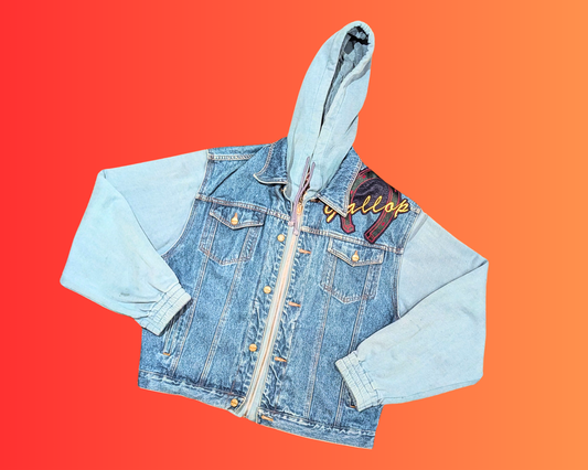 Handmade, Upcycled Bruce Springsteen, Born in the USA Denim Jacket with Hoodie Size XL