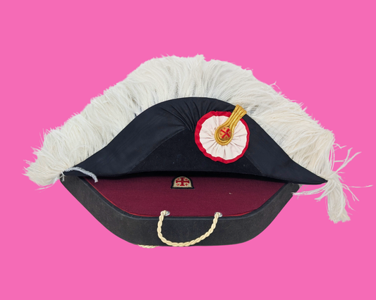 Vintage Les Chevaliers de Colomb Black Hat with Feathers and Original Box