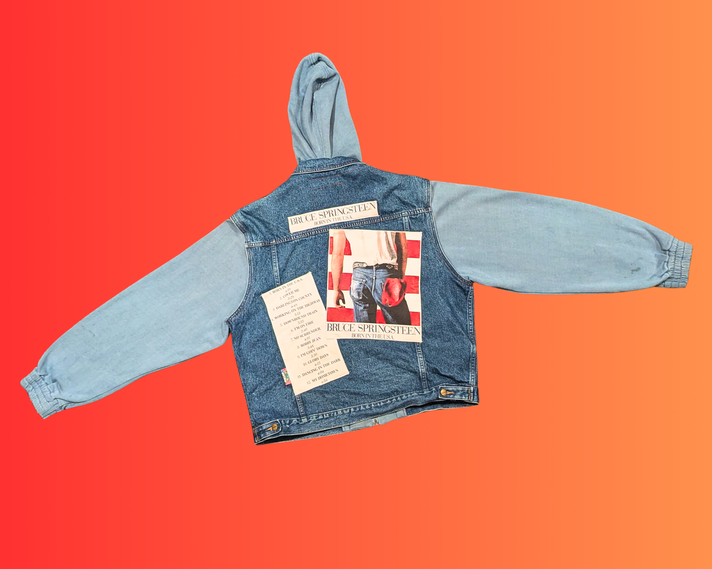Handmade, Upcycled Bruce Springsteen, Born in the USA Denim Jacket with Hoodie Size XL