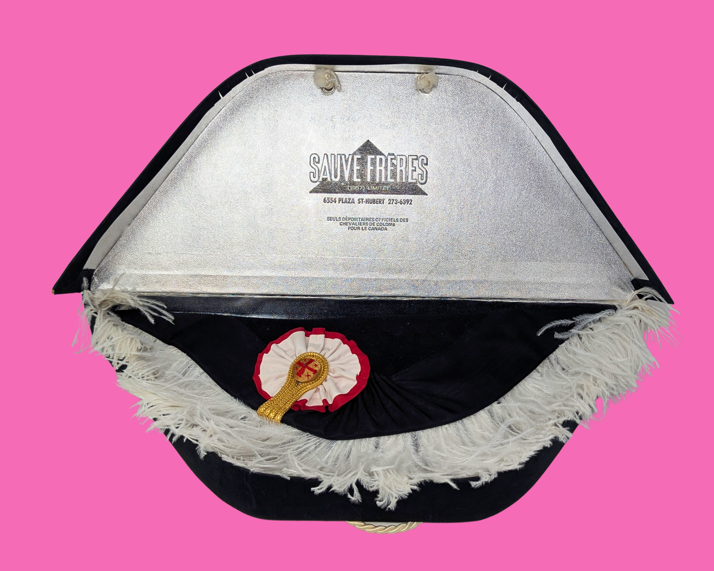 Vintage Les Chevaliers de Colomb Black Hat with Feathers and Original Box