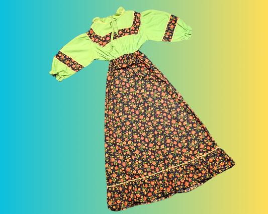 Robe longue vintage des années 1960, vert citron, groovy, fleurie, taille S