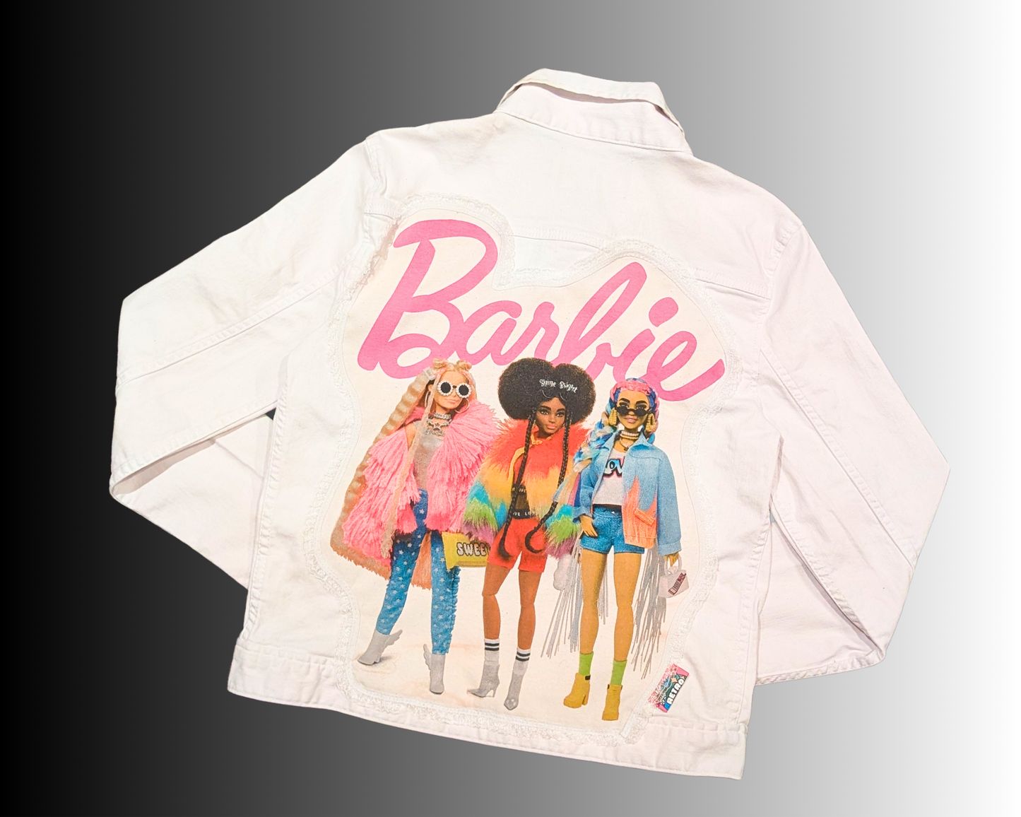 Handmade, Upcycled White, Barbie, Denim Jacket Size L