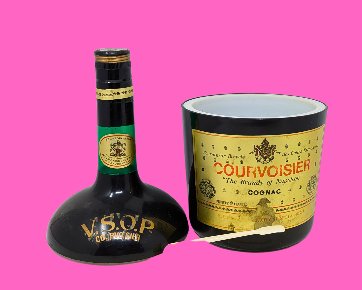 Vintage 1980's Courvoisier The Brandy of Napoleon Cognac Plastic Ice Bucket + Ice Tongs